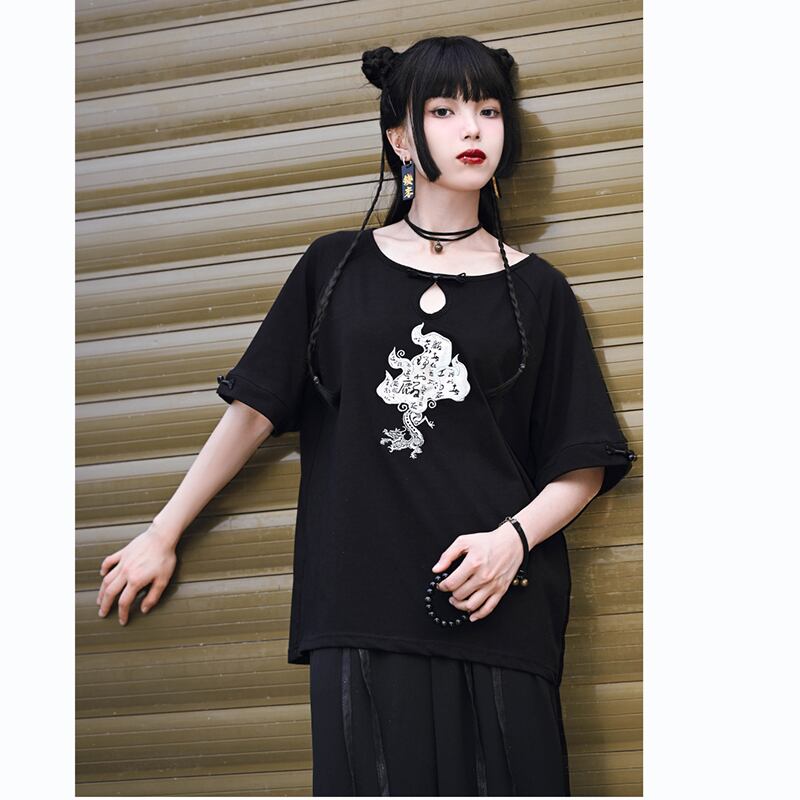 [Kokaisha --- Kirin Series] ★China style top★ T-shirt embroidered cotton Easy to match Black Black