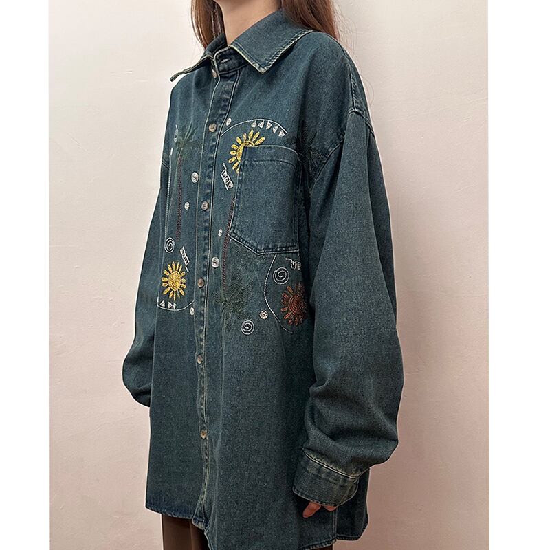 ✿New item! [SOLDOUT Series]★Shirt★ Embroidery long sleeve shirt tops denim shirt unisex men's casual