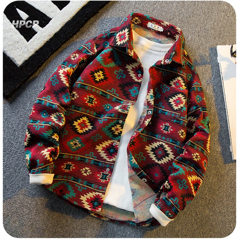 [HPCP Series]★Shirt★ Tops Unisex Men's Casual Ethnic Style Folk Style Shirt Outerwear Red Red