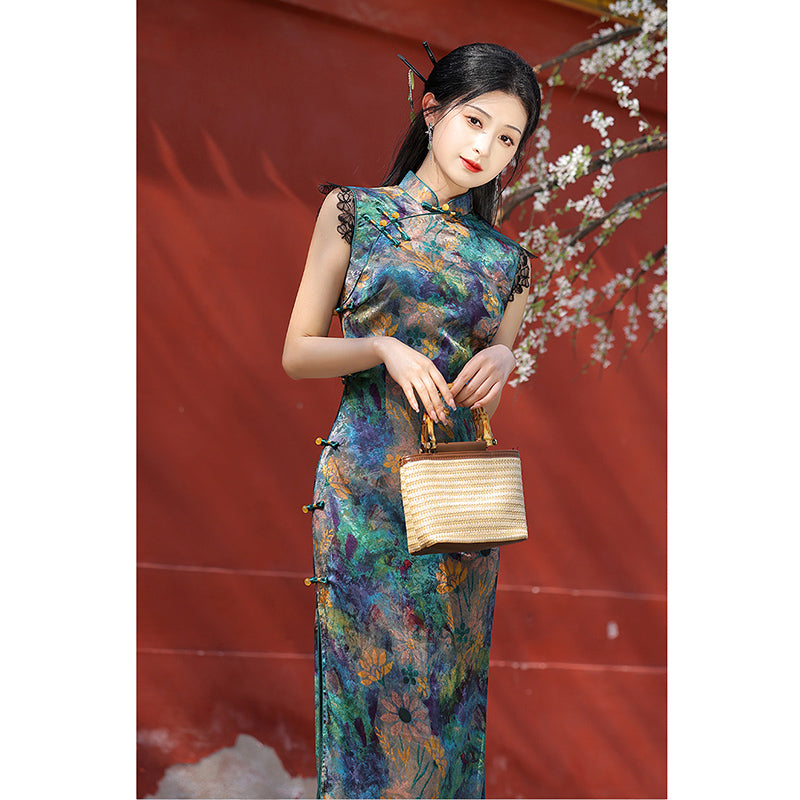 [HLQ Series] ★Chinese Dress★ Chinese-style dress, floral pattern, retro, Republic of China style, long length, switching, slimming