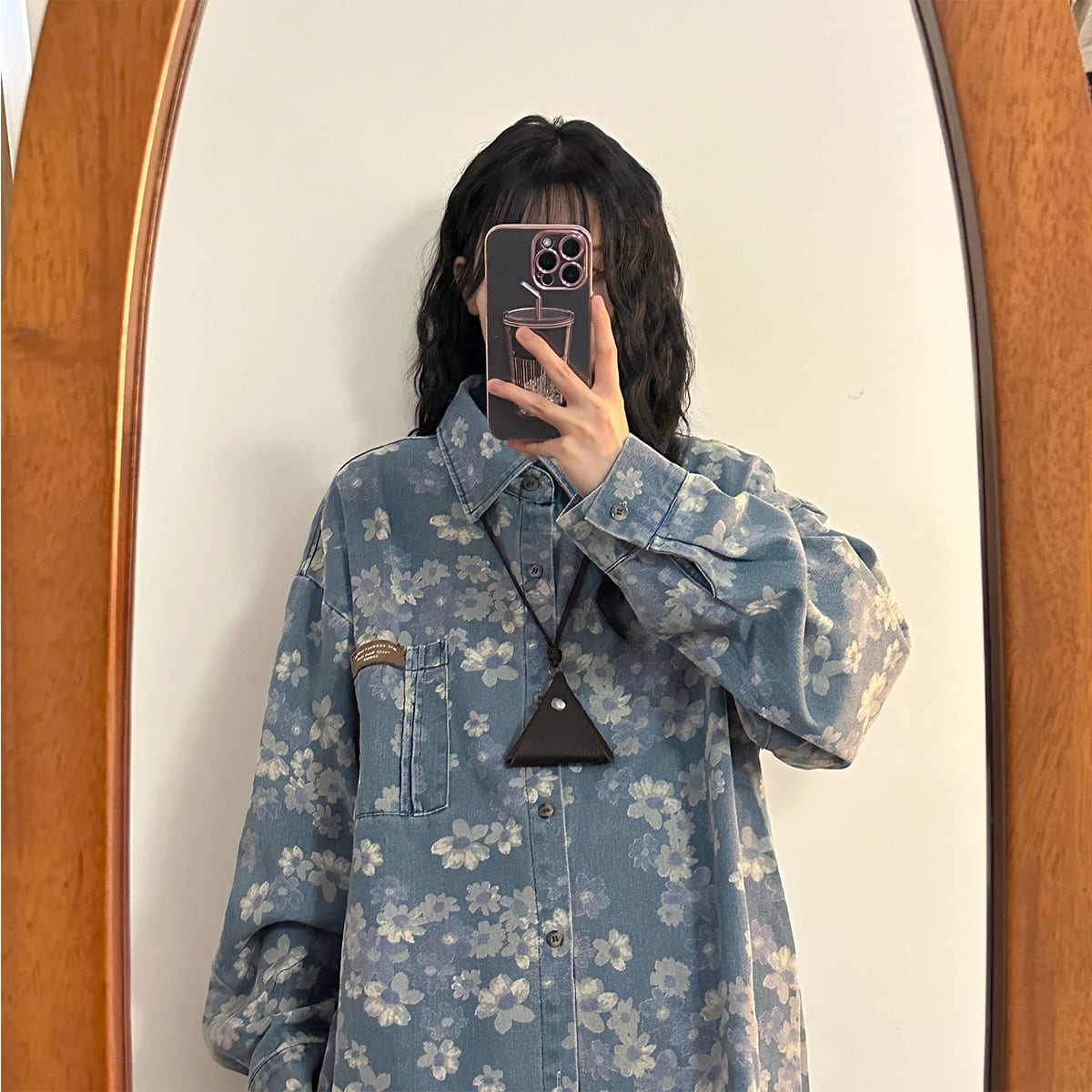 ✿New item! [UATONLINE Series]★Shirt★ Floral pattern shirt, long sleeve shirt, tops, unisex, men's blue, blue