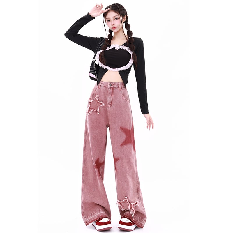 [MJWSL Series]★Denim Pants★Bottoms Trousers Gaucho Pants Women's Stylish Star Pattern