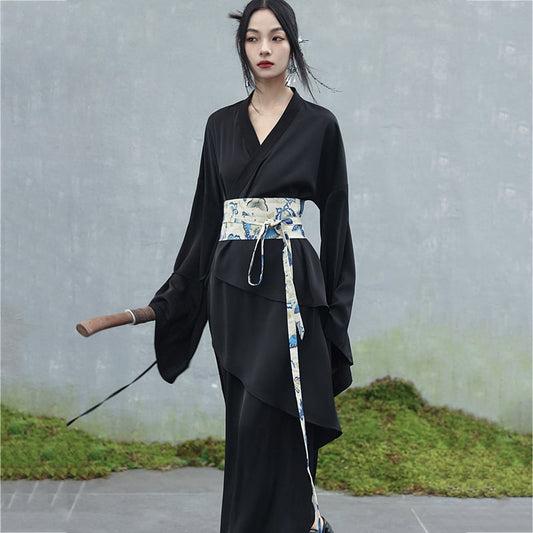 ✿New item! [Da Qinglong Shu Series]★Chinese style dress★ Belted dress Hanfu dress V neck long length Black Black