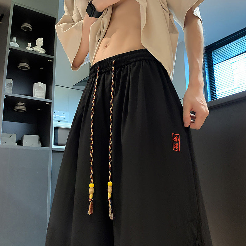 [KADISHOU Series] ★Chinese-style pants★ Bottoms, unisex, men's, large size, 3/4 length, black