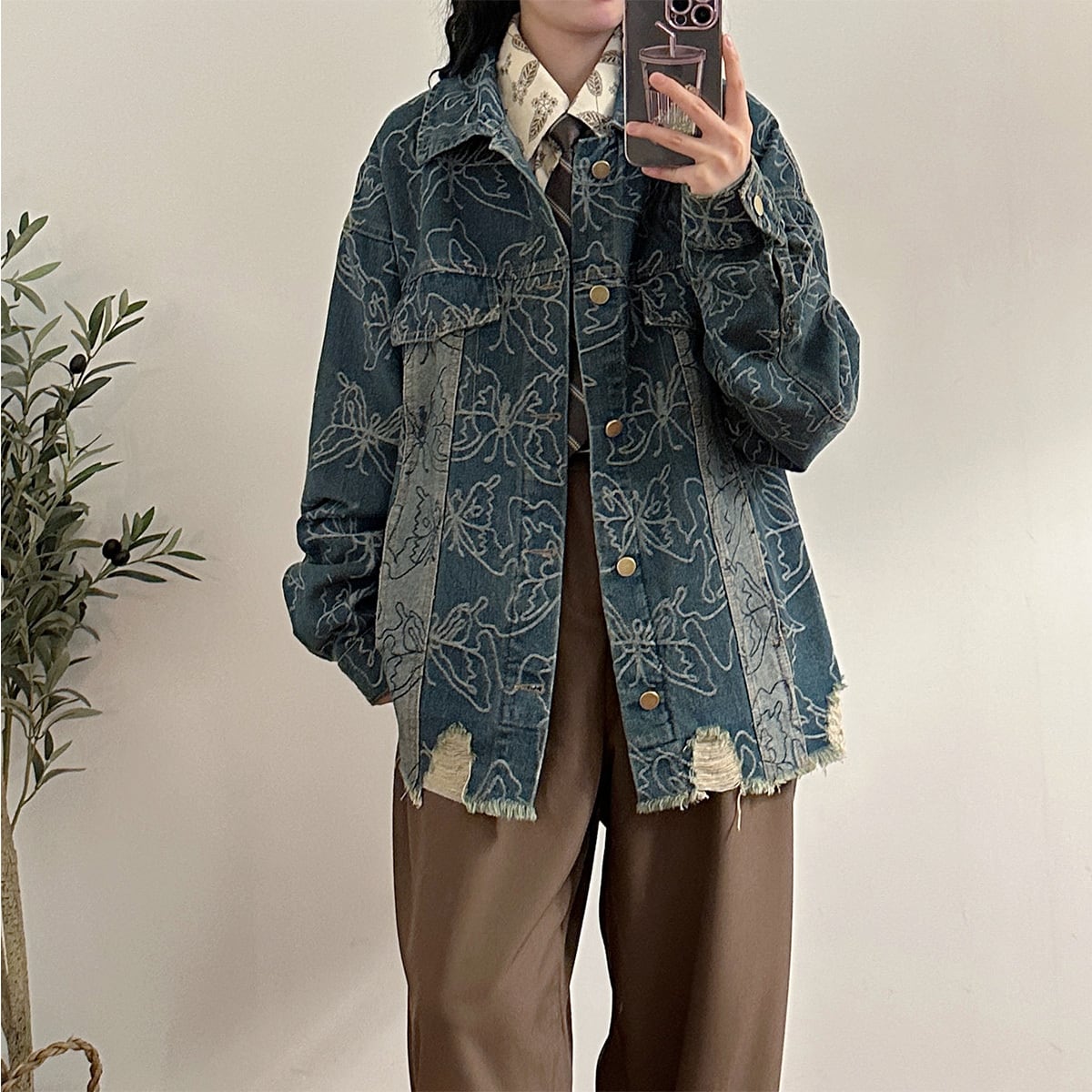 ✿New item! [UATONLINE Series]★Jacket★ Denim jacket Butterfly pattern outerwear Unisex Men's Stylish Blue Blue