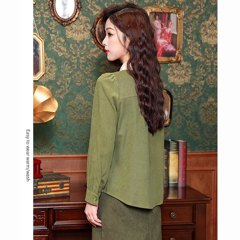 [HQE Series]★China style tops★ Shirt color scheme switching fake layered Chinese button green green