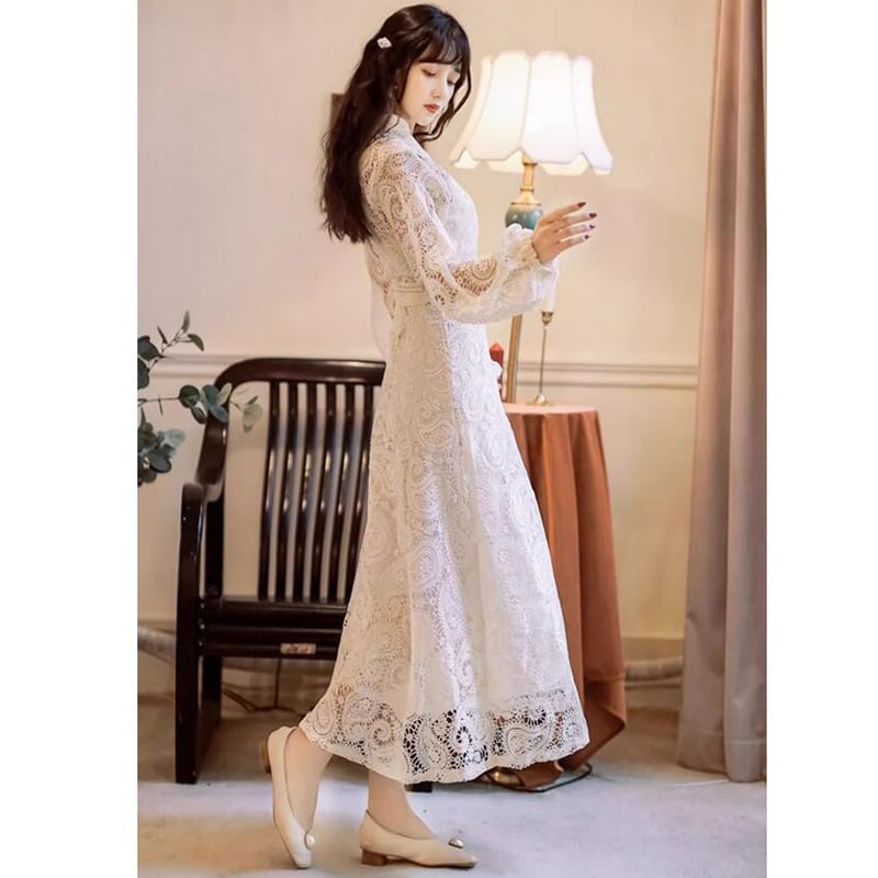 [GYBN Series] ★One Piece★ Lace V-neck Improves Temperament Retro Apricot Long Length Party