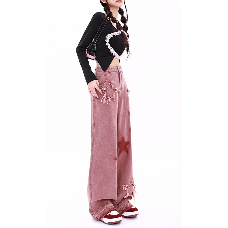 [MJWSL Series]★Denim Pants★Bottoms Trousers Gaucho Pants Women's Stylish Star Pattern