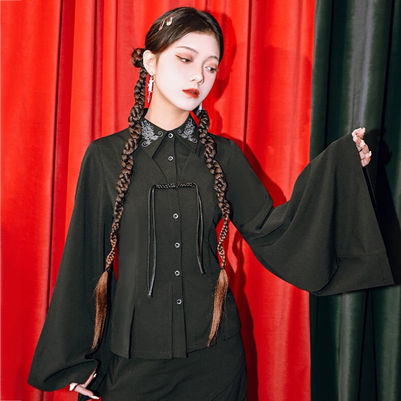 ✿New item! [Ancient Monster --- Cloudflip Series] ★Chinese style shirt★ Embroidery tops long sleeve shirt Original Hanfu shirt Black Black