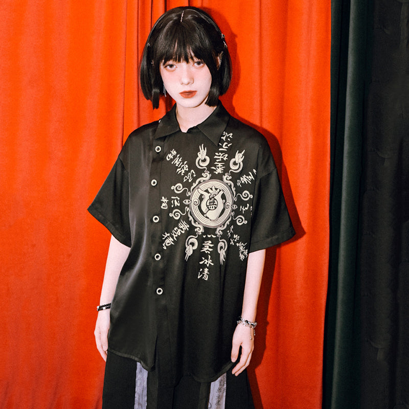 [Kogaesha---Peace Series] ★Chinese-style top★ Short-sleeved shirt, unique, original, black, black print