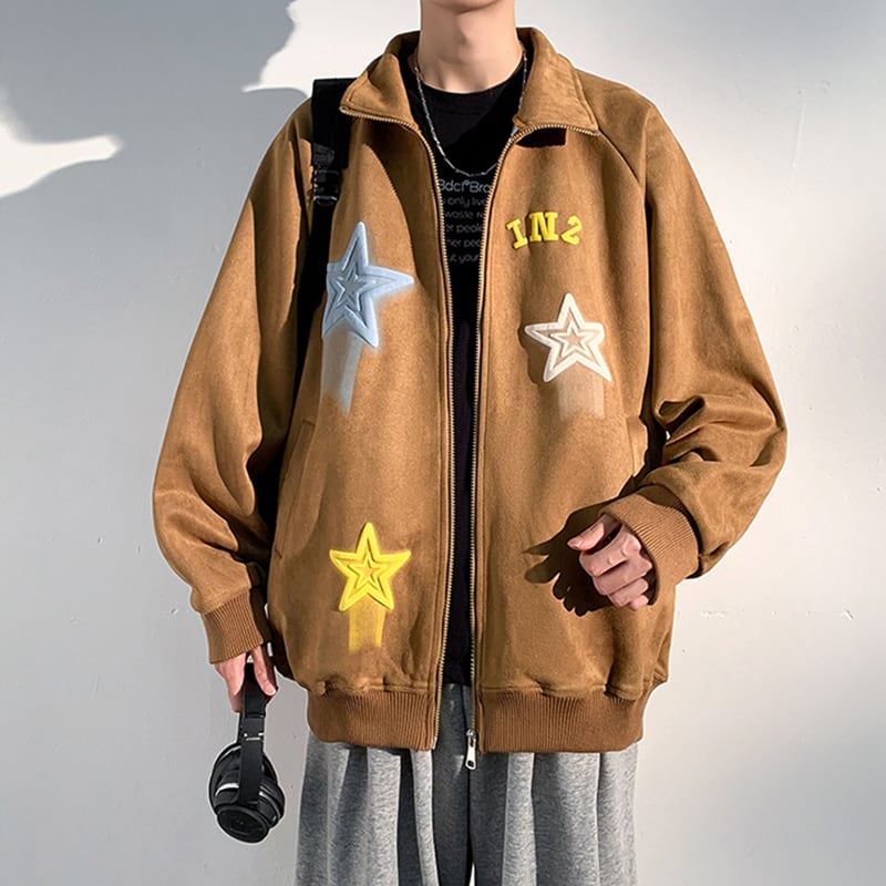 [ZUNKUN series]★Jacket★ 3color outerwear unisex men's suede star pattern brown black green