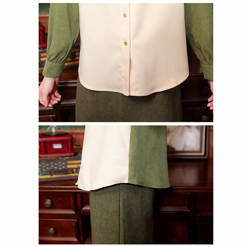 [HQE Series]★China style tops★ Shirt color scheme switching fake layered Chinese button green green