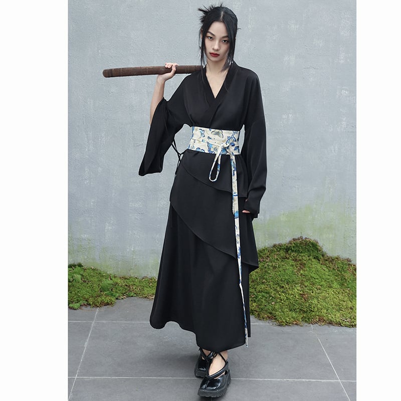 ✿新商品！ 【大青龍蜀系列】★中國風洋裝★ 束帶洋裝漢服洋裝V領長黑色黑色