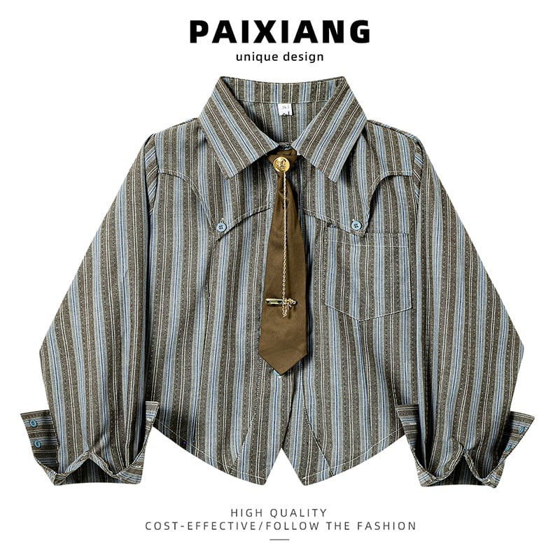 [PAIXIANG Series]★Shirt★ Long sleeve shirt with tie, tops, short length, cute, color scheme, vertical stripes, striped pattern