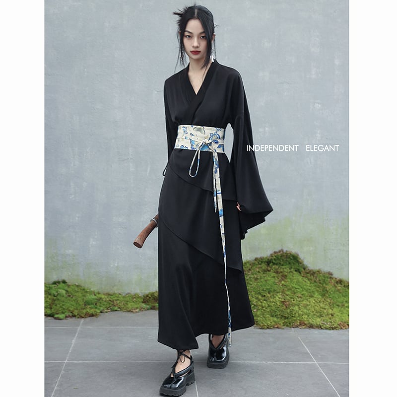 ✿New item! [Da Qinglong Shu Series]★Chinese style dress★ Belted dress Hanfu dress V neck long length Black Black