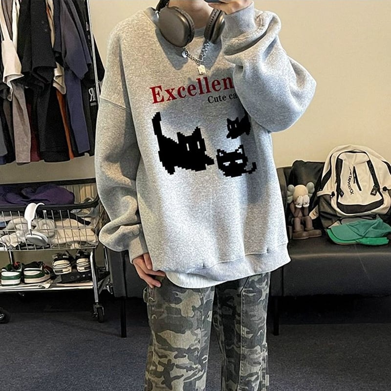 [XIHA Series] ★Tops★ 8color Sweatshirt Unisex Men's Large Size Cat Cat Blue White Black Gray Red Green