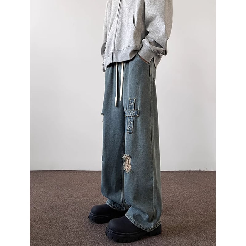 [PPG Series]★Denim Pants★ 2color Jeans Bottoms Trousers Unisex Men's Cross Black Blue