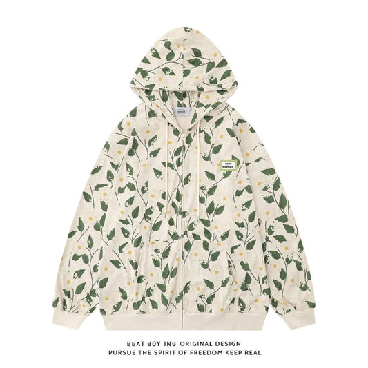 [BEAT BOY Series] ★Outerwear★ Parka with zipper, unisex, men's and women's print, green leaf jacket, hooded