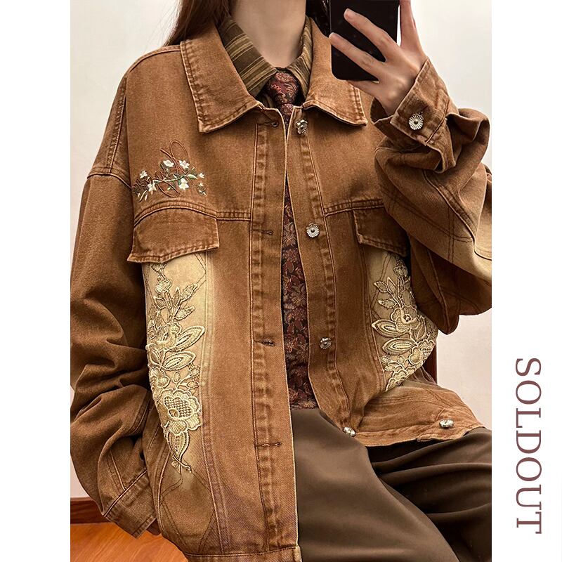 ✿New item! [SOLDOUT Series]★Denim Jacket★ Embroidery Floral Pattern Outerwear Switching Unisex Men's Design Retro Brown