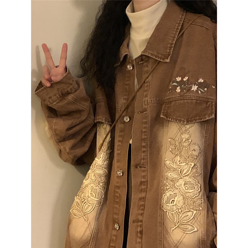 ✿New item! [SOLDOUT Series]★Denim Jacket★ Embroidery Floral Pattern Outerwear Switching Unisex Men's Design Retro Brown