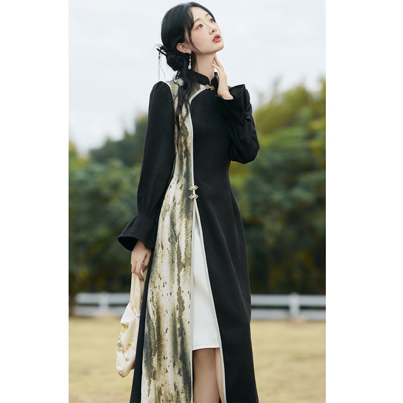 [Hanamori Series] ★China-style dress★ Improved cheongsam dress with switching design Black Black