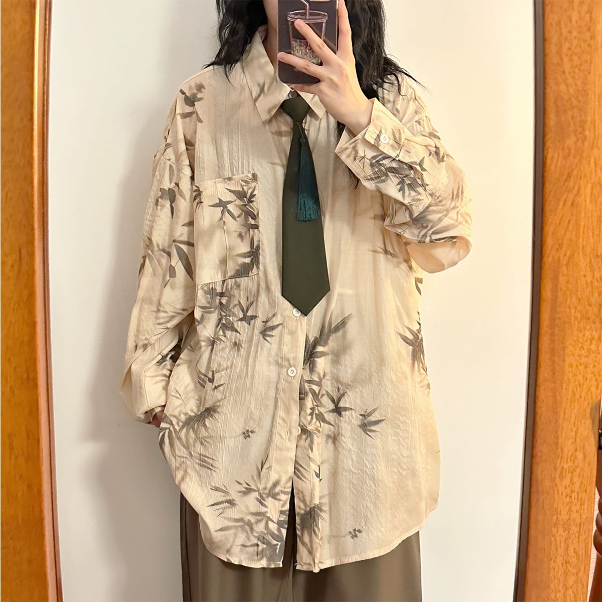 ✿New item! [UATONLINE series] ★China style shirt★ 2color shirt with tie, long sleeve shirt, tops, unisex, men's bamboo