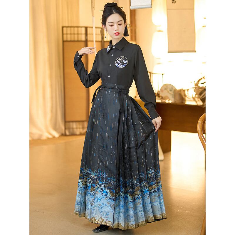 [BAIRIMENG Series] ★Chinese style skirt★ Bottoms Pleated skirt Hanfu skirt Chinese clothing Black Black