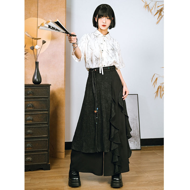 [Kokaisha---Tsubakino Series] ★Chinese-style trousers★ Bottoms Gaucho pants Irregular Black Culottes skirt