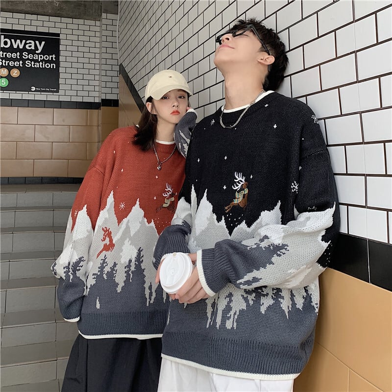 [CHAOPANG Series]★Sweater★ Tops 2color Unisex Men's Snow Mountain Christmas Black Red Black Red