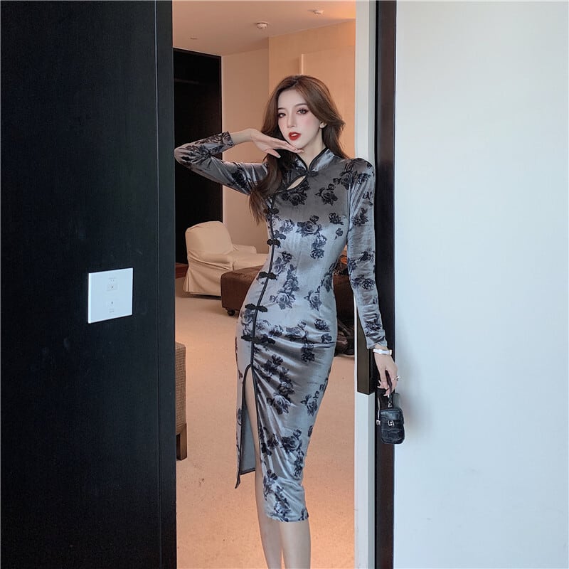 [Attractive Girl Series] ★Cheongsam Dress★ Floral Pattern Velvet Slim Slimming Sexy Long Dress Print