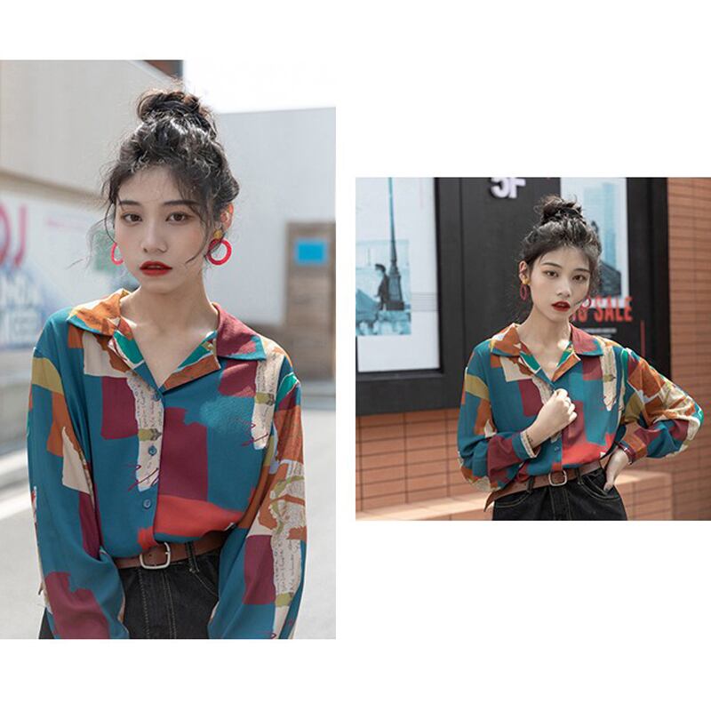 [YOUZI Series]★Retro Shirt★ Long Sleeve Shirt Tops Print Retro SML XL Thin Cute Color Scheme