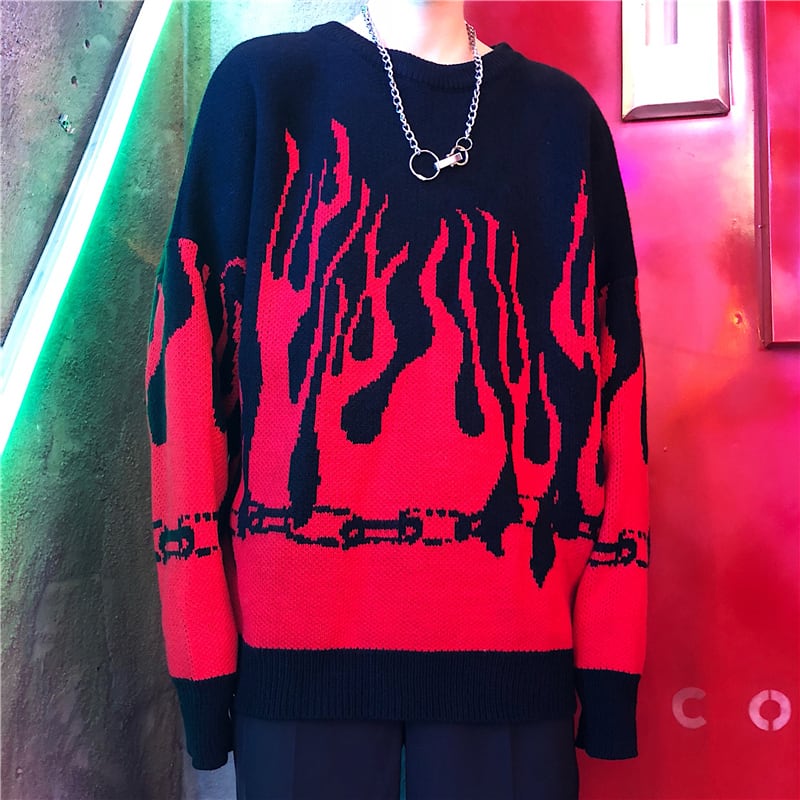 [OOTDstudio Series]★Sweater★ 2color Tops Flame Flame Pattern Knit Tops Unisex Men's Red Purple