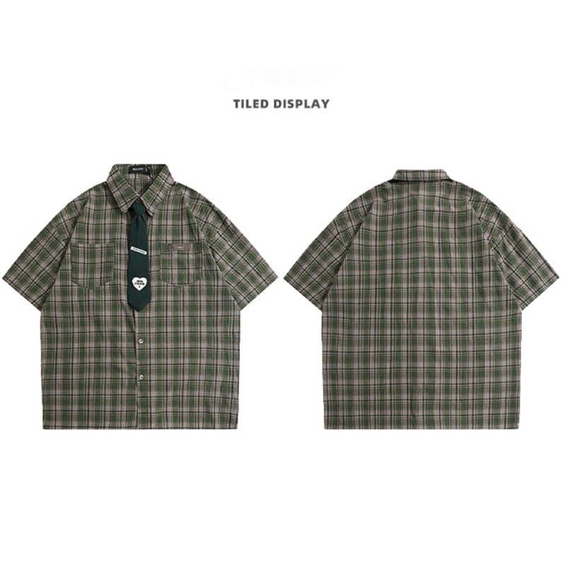 [HTTAOSUP Series]★Shirt with tie★ Check pattern tops short sleeve shirt Unisex Men's Green ML XL