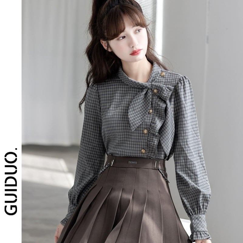 [GUIDUO Series] ★Shirt★ Tops, Long Sleeve Shirt, Plaid Pattern, Ladies, Improves Temperament, Ribbon, Cute, Date, Commuting