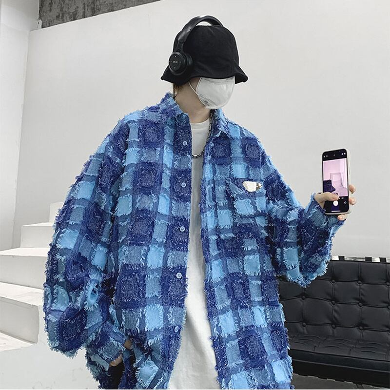 [Tetsusho Series]★Shirt★ 2color Tops Plaid Unisex Men's Large Size Blue Black