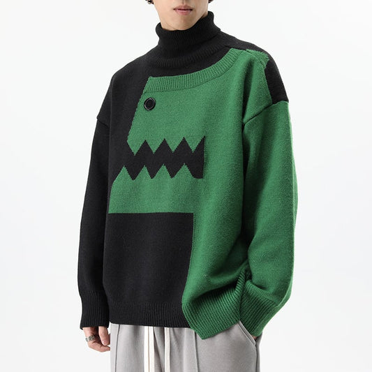 [CHAOJIEQU Series]★Sweater★ 3color Unisex Men's Dinosaur Animal Color Scheme High Neck Black Green Pink ML XL 2XL