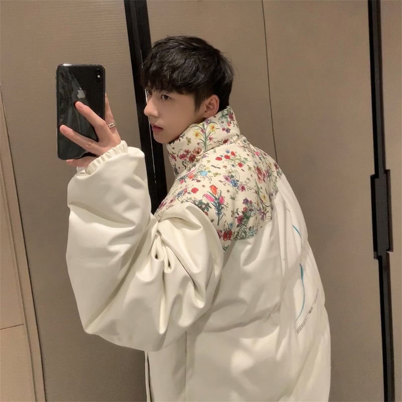 [High Series] ★Winter Coat★ 2color Thick Warm Unisex Men's Floral Pattern Outerwear Switching White Black