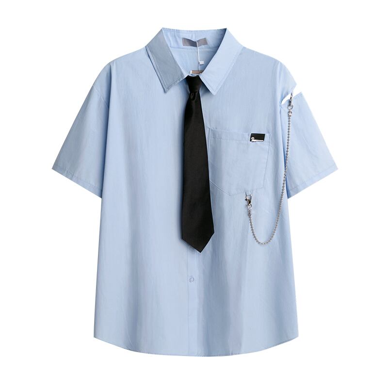 [Seiyasu Series] ★Shirt with tie★ 4 colors Black or white or blue or gray Short sleeves with chain Unisex costume Men's