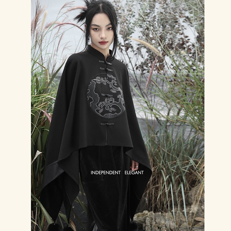 [Da Qinglong Shu Series] ★China style outerwear★ Cloak coat Rasha embroidery Chinese clothing Black Black Irregular