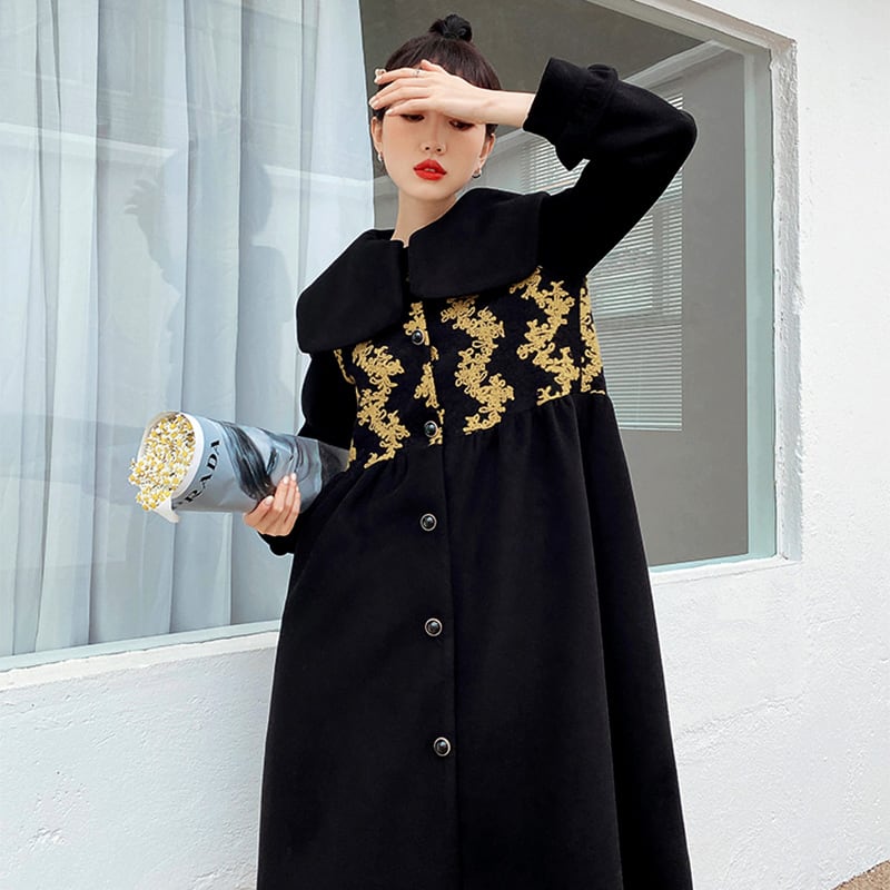 [First look series] ★China style coat★ Long coat outerwear coat cute black gold black SML