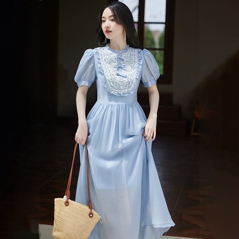 【華莎の城シリーズ】★ワンピース★ ドレス スウィート 可愛い 通勤 結婚式 デート 夏服 ブルー 青い