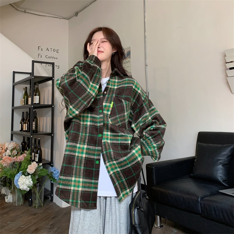 [XIAOXINJIA Series]★Outerwear★ Shirt Jacket Unisex Men's Checkered Pattern Casual Green Green