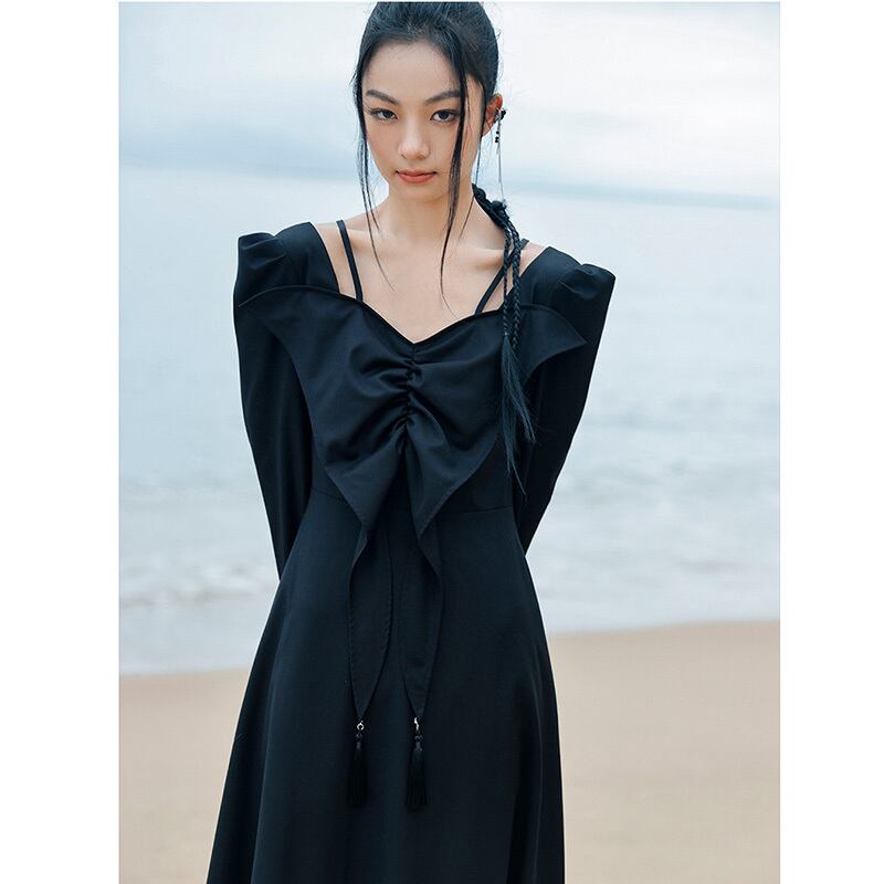 [Big Blue Dragon Series] ★China style dress★ Ribbon dress sexy black long length cute