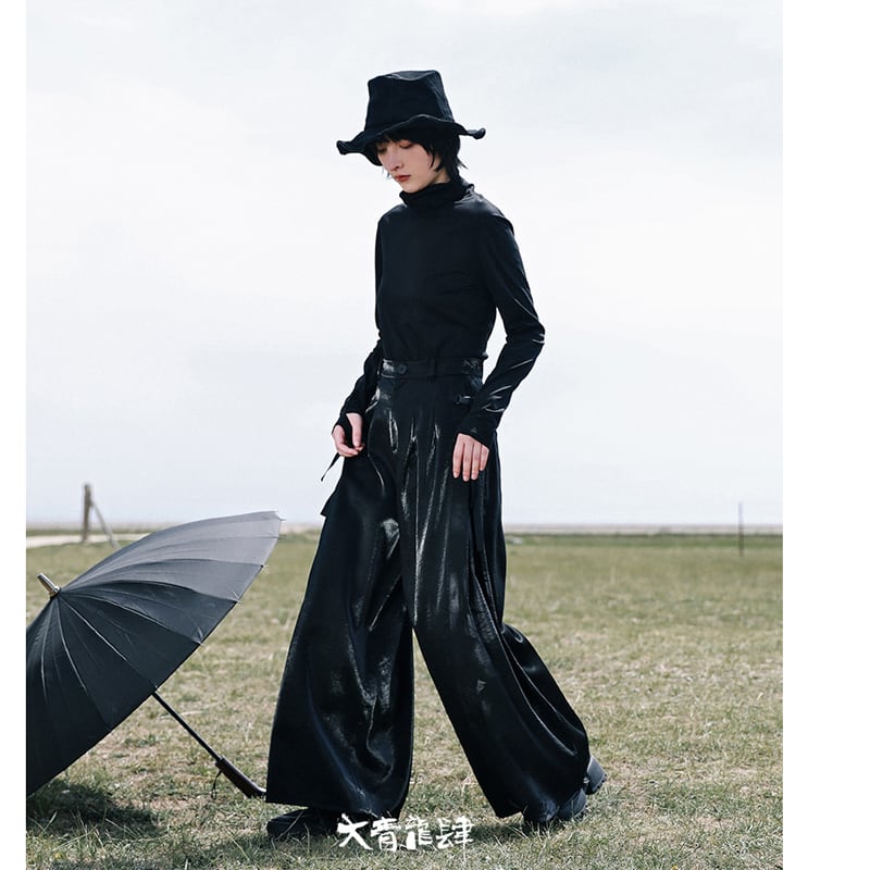 [Big Blue Dragon Series] ★China style gaucho pants★ Gaucho bottoms switching print slimming black black