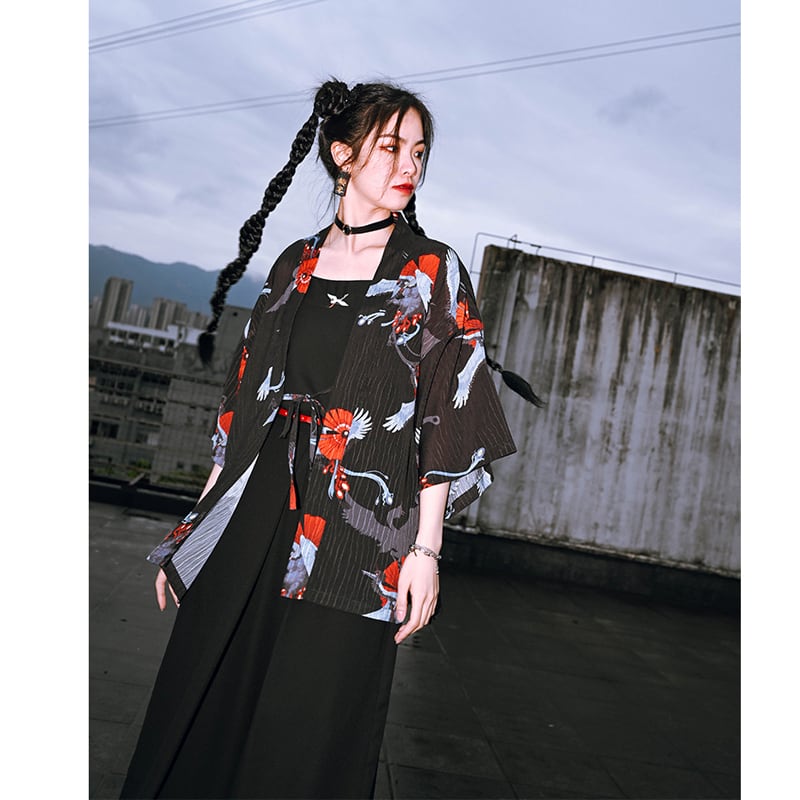 [Kokaisha --- Mother-in-law series] ★China style happi coat★ Tops Outerwear Fox Thin Loose Cool ML Black Black