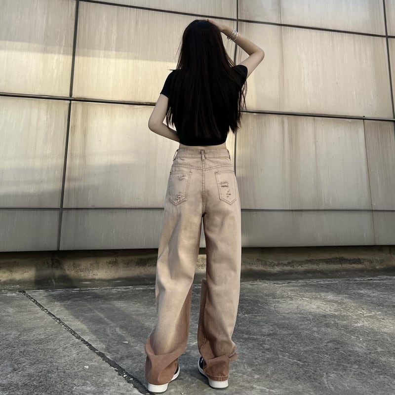 [SUFEI Series]★Denim Pants★ Trousers Bottoms Casual Distressed Unisex Brown Fashion