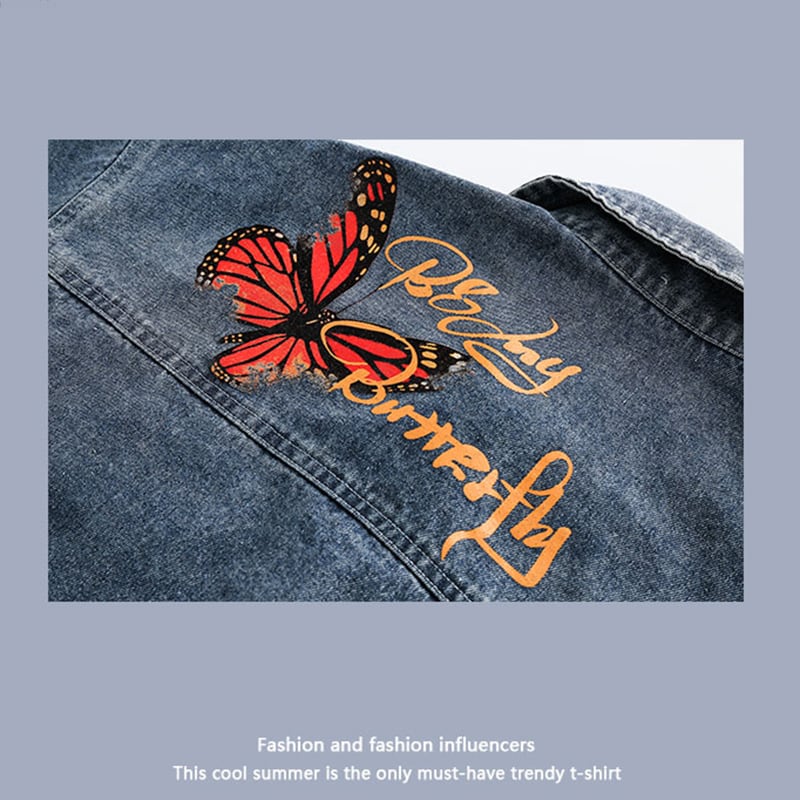 [Satoru Series]★Jacket★ Denim jacket outerwear unisex men's floral pattern butterfly alphabet fashion