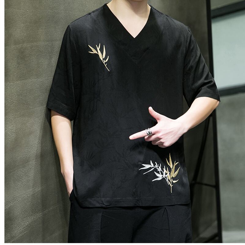 [JIARONG Series]★China style T-shirt★ Embroidery tops 3color Unisex Men's Large size Thin V-neck