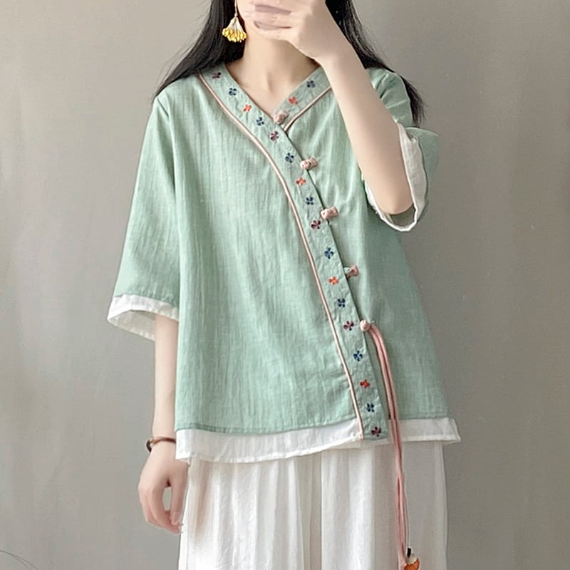 [Happiness series] ★China style shirt★ 5color embroidery tops ethnic style V neck retro green white purple yellow