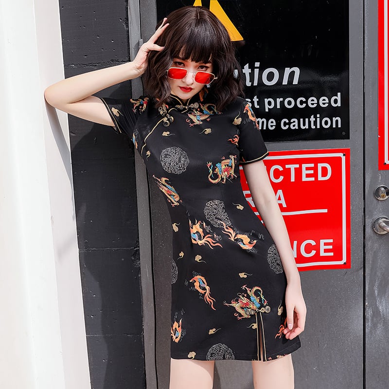 [YIJIA Series] ★Cheongsam dress★ Mini length dress improved version retro sexy black black large size